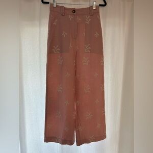 Zara Pink and White Embroidery Wide Leg Pants Size XS